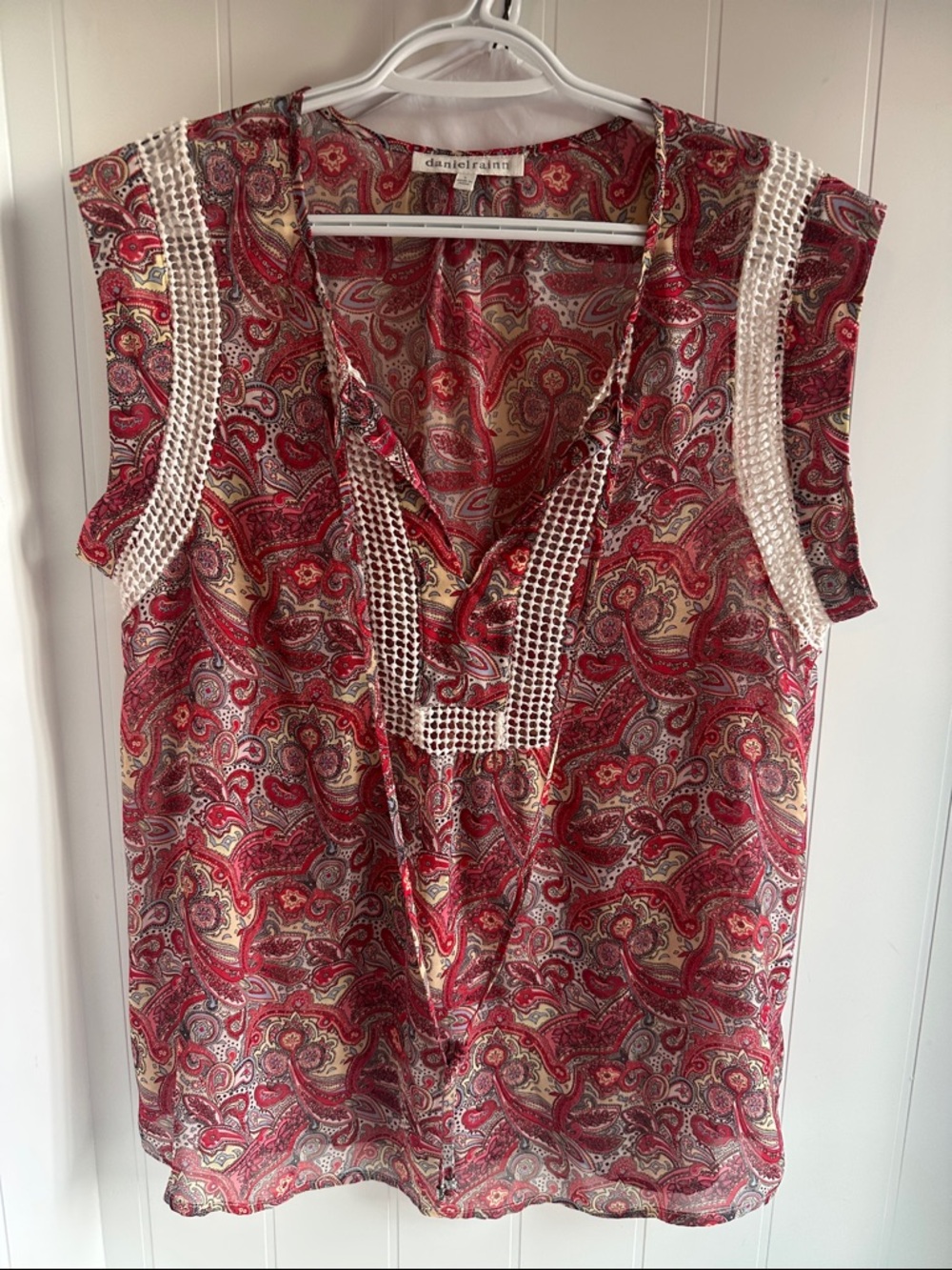 Daniel Rainn Red Paisley Sleeveless Blouse with Crochet Trim